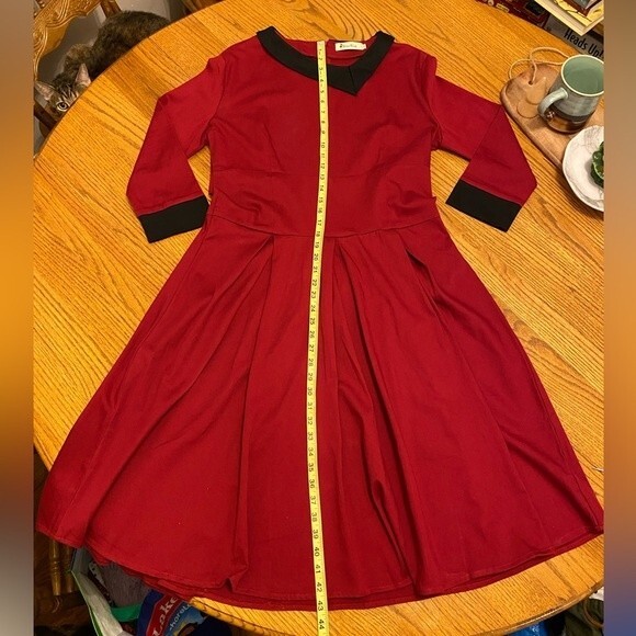 ReoRia Scarlet Red 50s Vintage Long Sleeve Large Pleated Dress - Picture 7 of 10